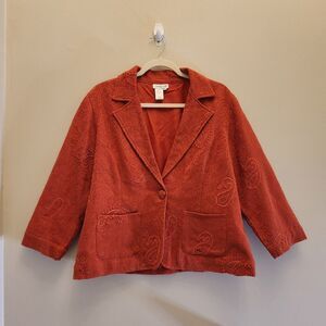 Vtg Coldwater Creek Orange Jaquard Paisley Blazer Jacket Womens Lg Natural Fiber